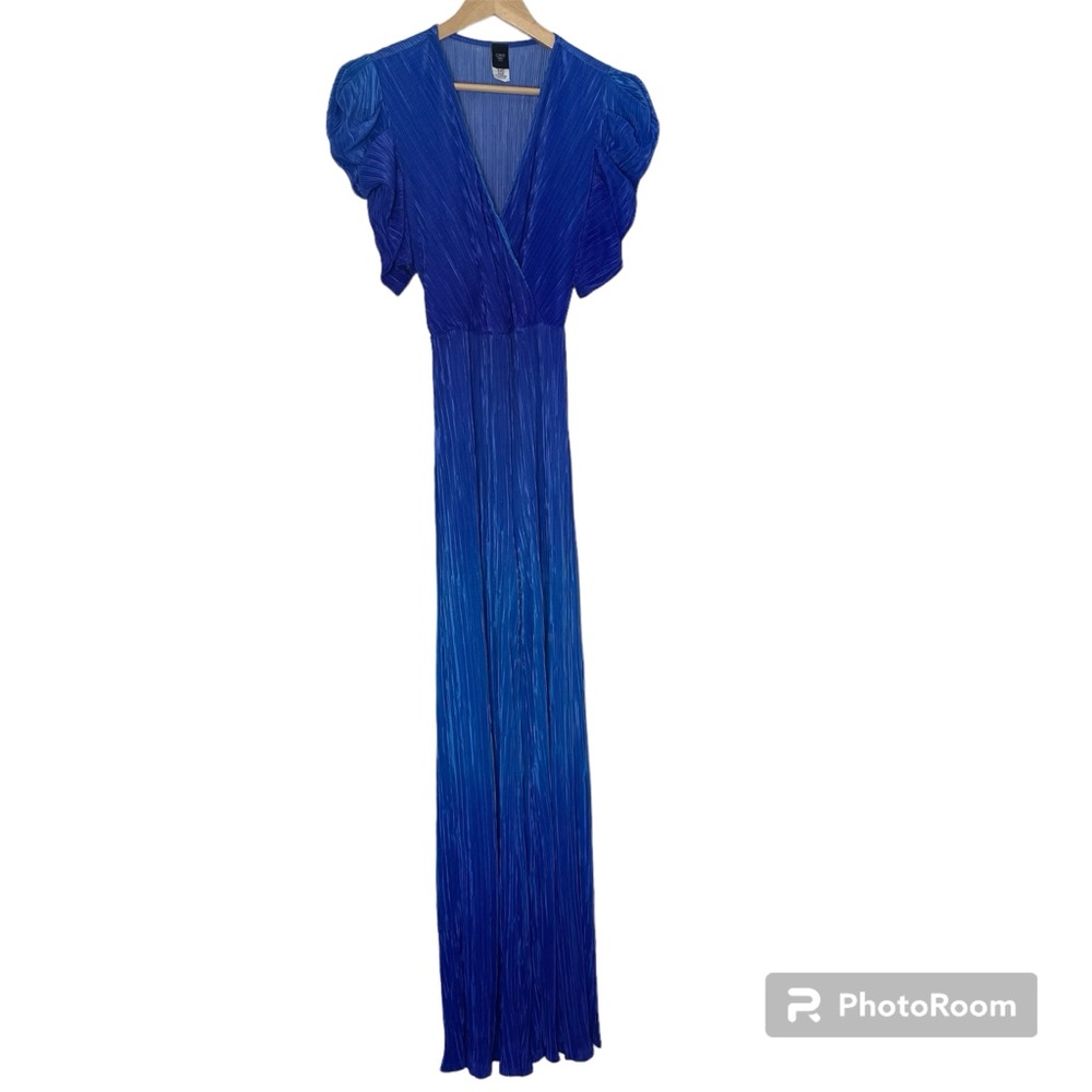 Gibiu Blue Ombré Jumpsuit Large Silky Polyester Puffy Sleeves Tie Waist Wrap